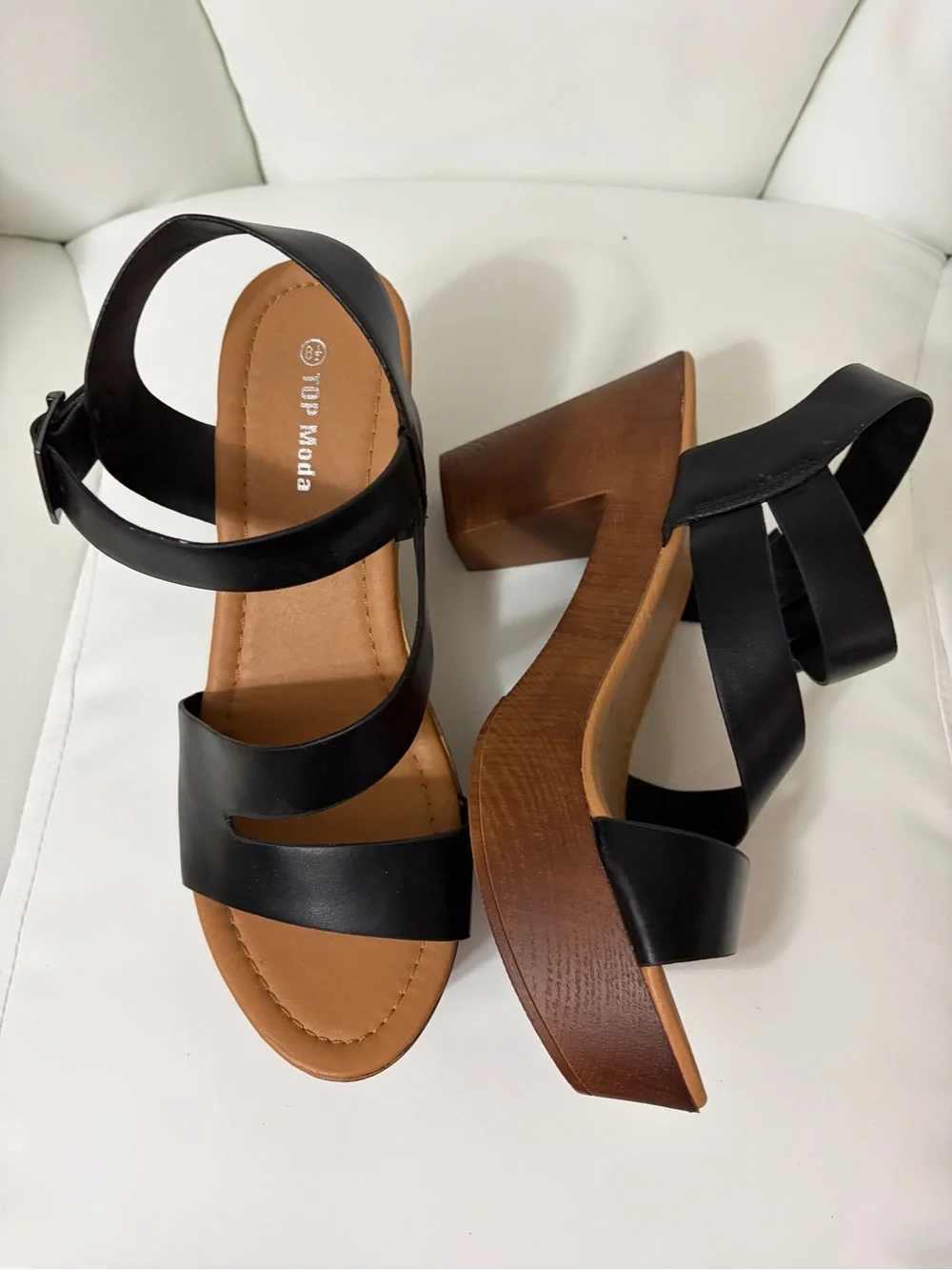 TOP Moda Black Platform Block Heel Sandals with Brown Wood-Look Sole